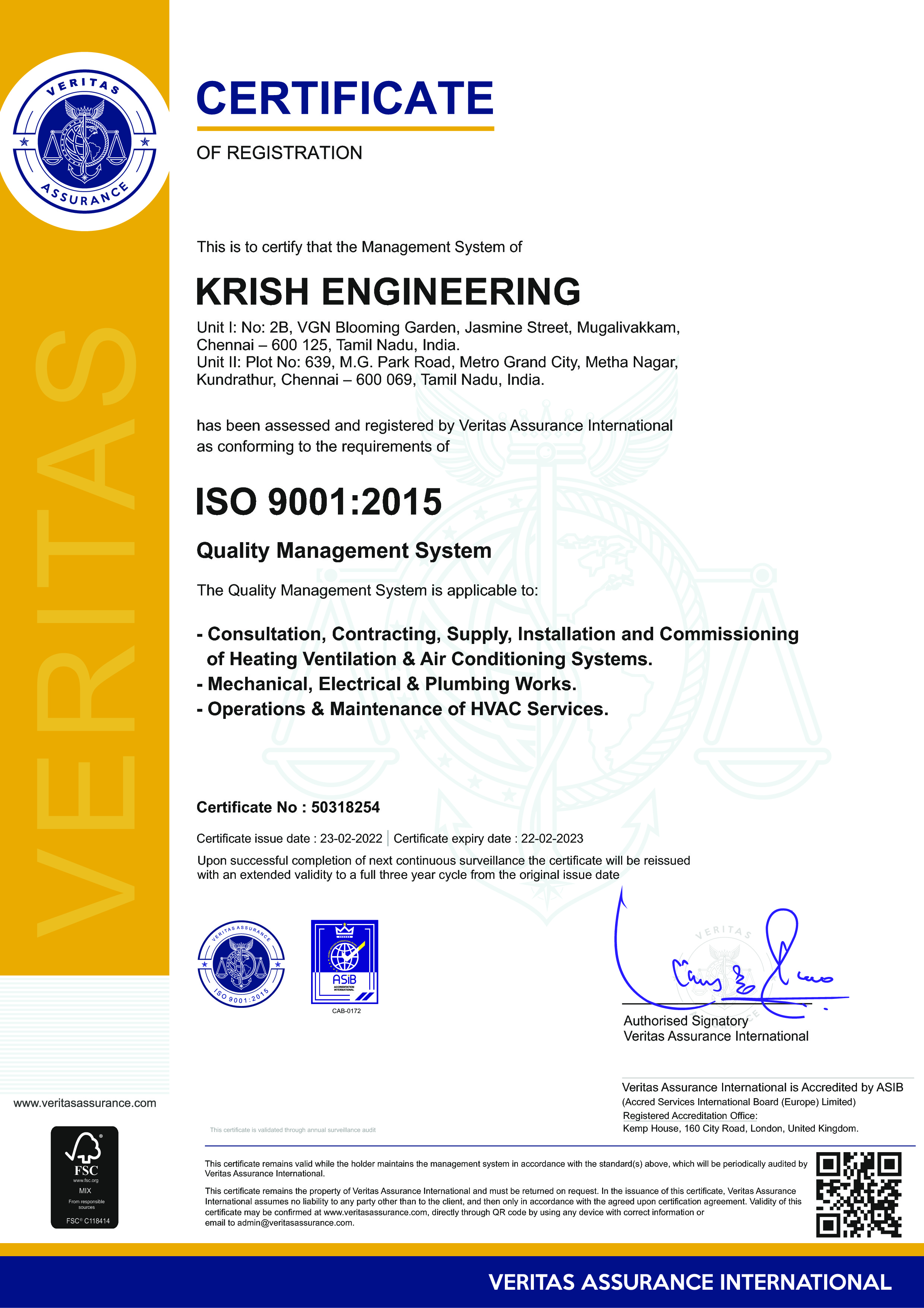 Krish Engg HVAC ISO certified